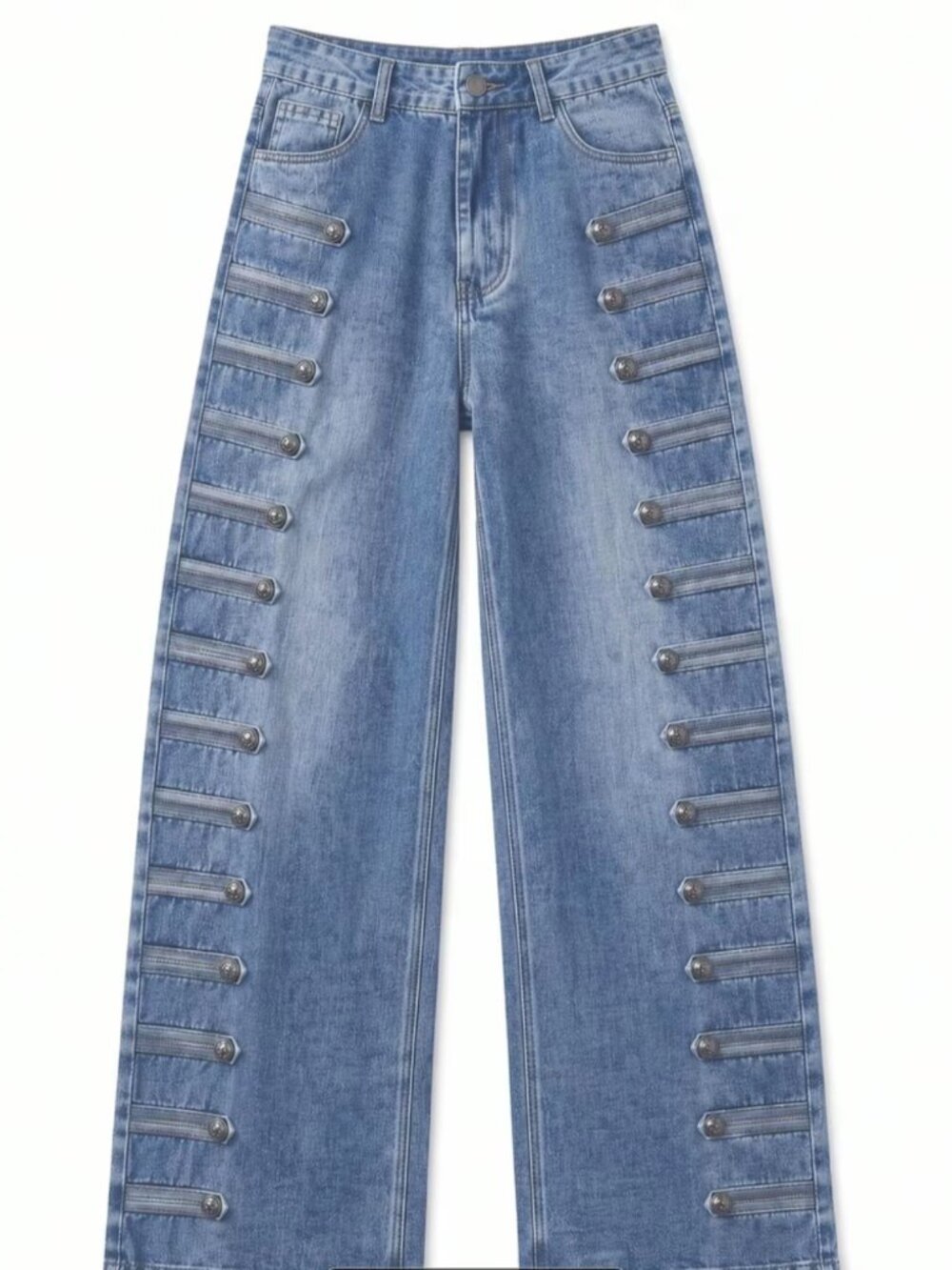 Women's High Waist Wide Leg Baggy Jeans - Edgy Denim Pants with Beltless Button - Picture 5 of 9